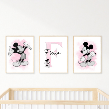 Set of 3 Personalised Girl/boy Nursery bedroom Print / Mickey Mouse A5 A4 A3