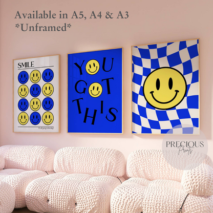 Set of 3 Blue Smiley Preppy Prints Motivational Poster / Collage Preppy Poster