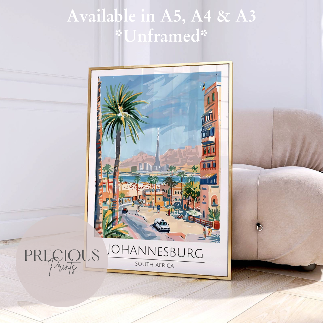South Africa - Johannesburg Travel Print Poster / Vintage Wall Art / A5 A4 A3