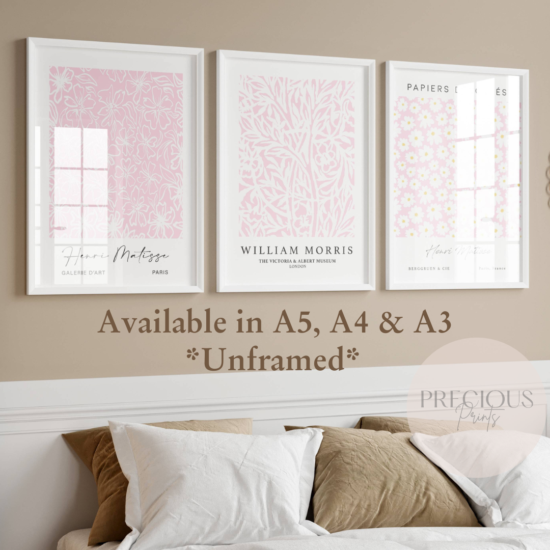 Set of 3 Pink Matisse / William Morris Prints A5 A4 A3 Wall Art Gallery Decor