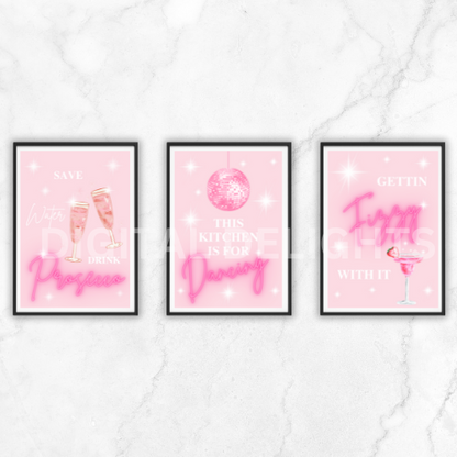 Set of 3 Colourful Pink Retro Kitchen Humour Art Poster Art A5 A4 A3