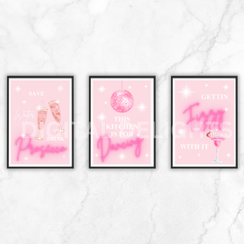 Set of 3 Colourful Pink Retro Kitchen Humour Art Poster Art A5 A4 A3