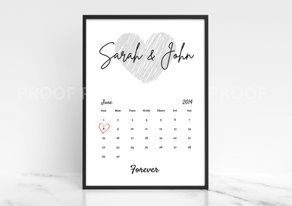 Personalised Valentine Anniversary Gift Calendar Art day we met print A5 A4 A3