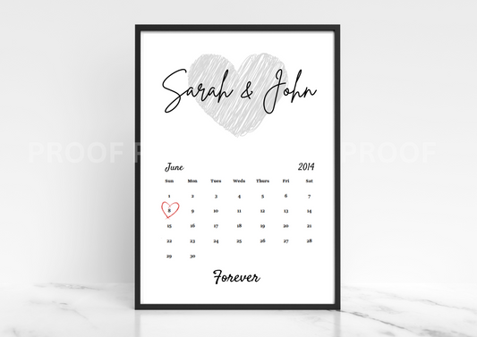 Personalised Valentine Anniversary Gift Calendar Art day we met print A5 A4 A3