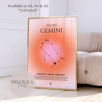 Gemini Zodiac Print / Preppy Trendy Wall Art Poster / A5 A4 A3 Unframed Pink