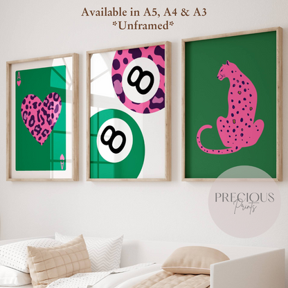 Set of 3 Green Pink Trendy Preppy Prints Bow Leopard Print Wall Art A5 A4 A3