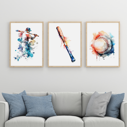 Set of 3 Baseball Prints Paint Splash Kids Bedroom Prints A5 A4 A3