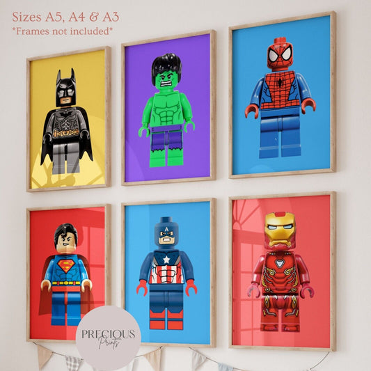 Set of 6 or 3 Superhero Minifigure Prints / A5 A4 A3 / Unframed