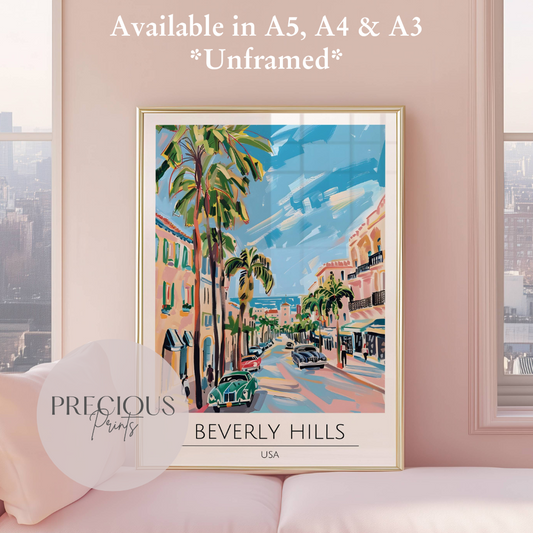 USA - Beverly Hills LA Travel Print Poster / Vintage Wall Art / Giclee A5 A4 A3
