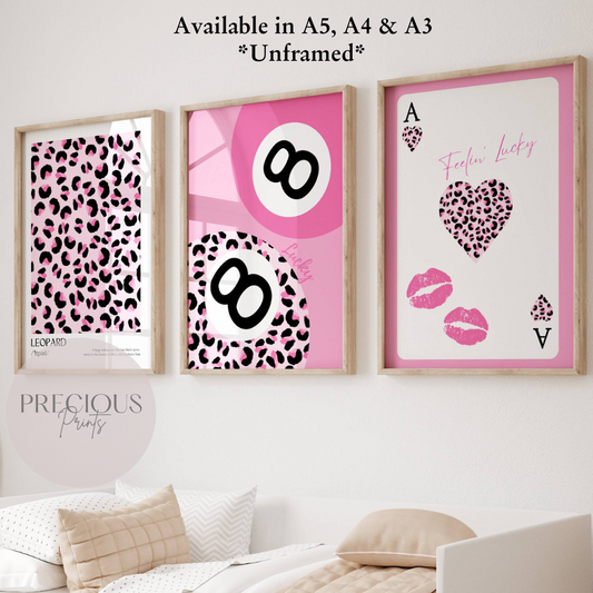 Set of 3 Pink Trendy Preppy Prints Leopard Print 8 Ball Wall Art A5 A4 A3
