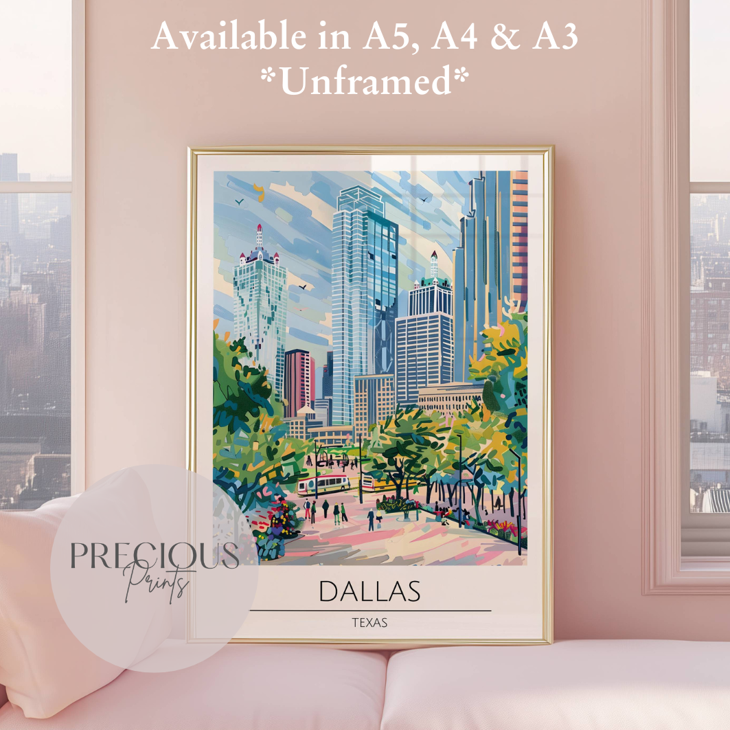 Texas, Dallas Travel Print Poster / Vintage Wall Art / A5 A4 A3 / Unframed