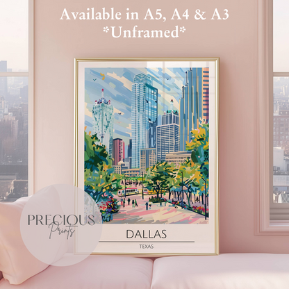 Texas, Dallas Travel Print Poster / Vintage Wall Art / A5 A4 A3 / Unframed