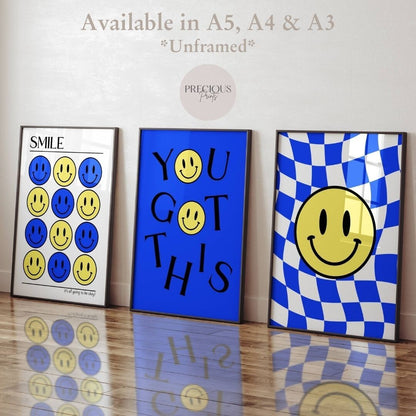 Set of 3 Blue Smiley Preppy Prints Motivational Poster / Collage Preppy Poster