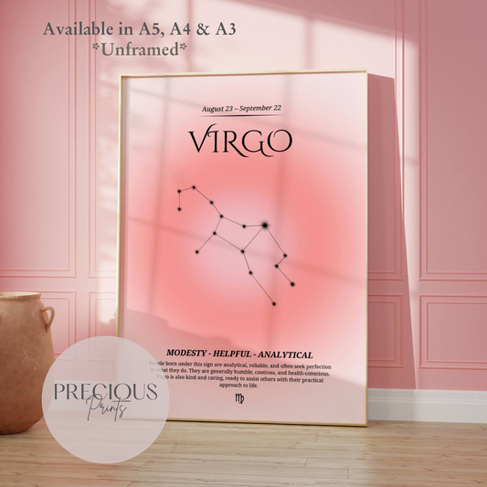 Virgo Zodiac Print / Preppy Trendy Wall Art Poster / A5 A4 A3 Unframed Pink