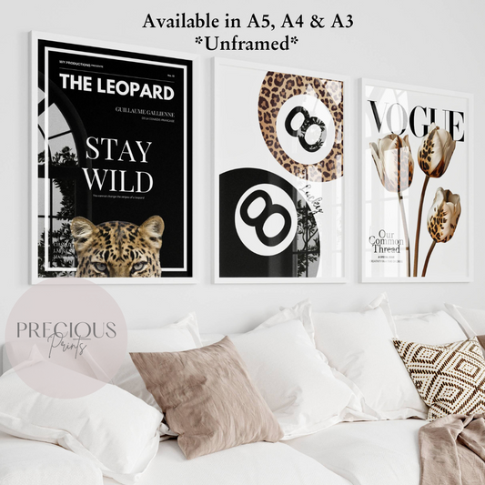 Set of 3 Trendy Preppy Prints Cheetah Leopard Print 8 Ball Wall Art A5 A4 A3