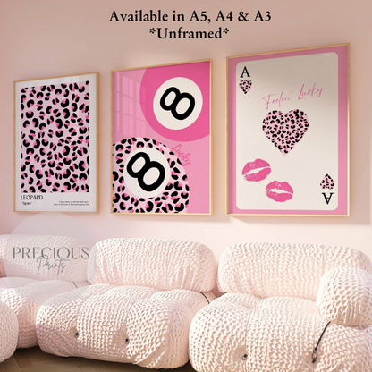 Set of 3 Pink Trendy Preppy Prints Leopard Print 8 Ball Wall Art A5 A4 A3