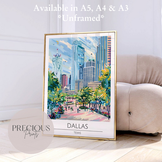Texas, Dallas Travel Print Poster / Vintage Wall Art / A5 A4 A3 / Unframed