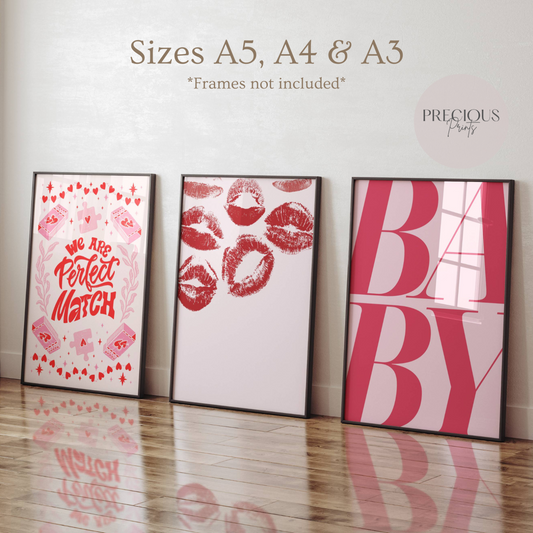 Set of 3 Romantic Preppy Art Prints / Pink Red Preppy Art / His Hers Unframed