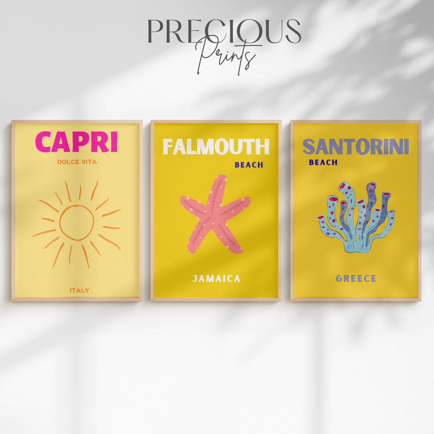 Yellow Summer Travel Poster Set of 3| Capri Santorini Falmouth Wall Art