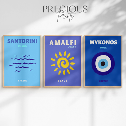 Blue Coastal Aesthetic Wall Art Set of 3 | Mykonos Santorini Amalfi Prints
