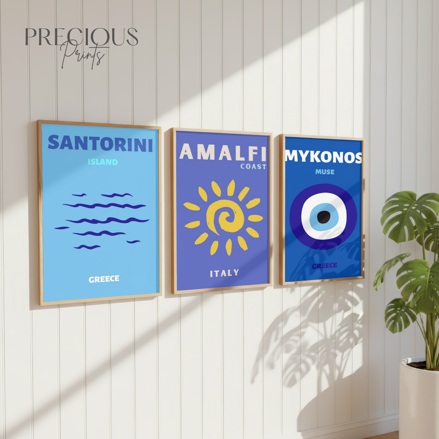 Blue Coastal Aesthetic Wall Art Set of 3 | Mykonos Santorini Amalfi Prints