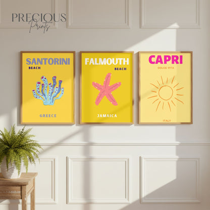 Yellow Summer Travel Poster Set of 3| Capri Santorini Falmouth Wall Art