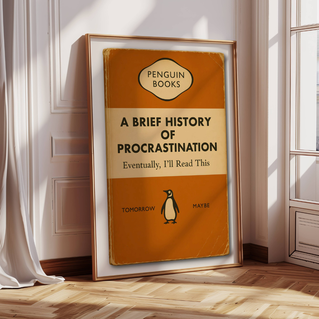 Funny Penguin Book Print - A Brief History of Procrastination