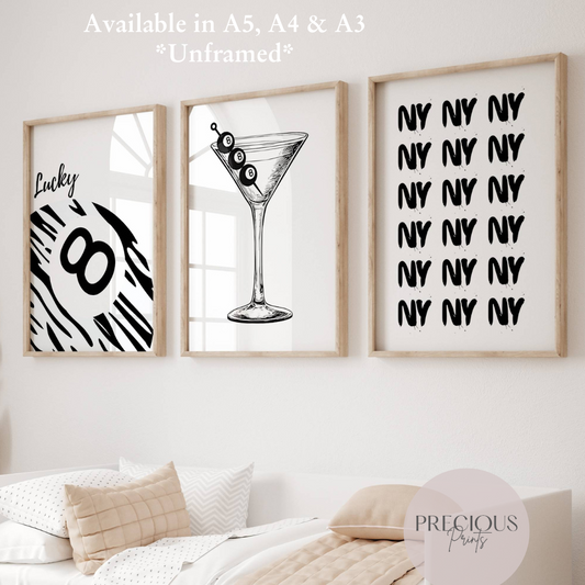 Set of 3 Stylish Black and White Lucky 8 Ball Zebra Wall Art