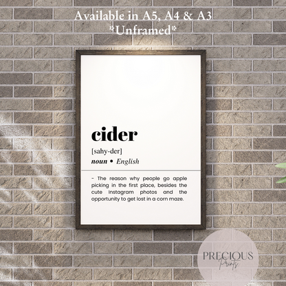 Cider Definition Funny Poster / Funny Kitchen pub poster / Funny Alcohol Poster