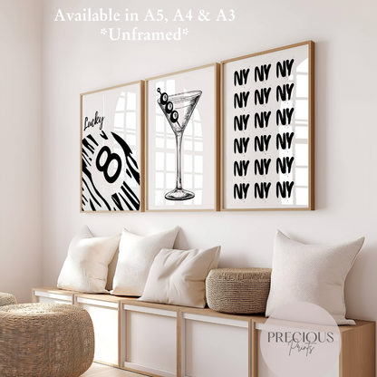 Set of 3 Stylish Black and White Lucky 8 Ball Zebra Wall Art
