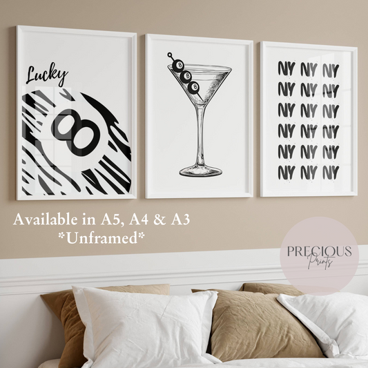 Set of 3 Stylish Black and White Lucky 8 Ball Zebra Wall Art