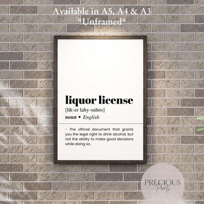 Liquor License Definition Funny Poster / Funny Kitchen pub poster / Funny Alcohol Poster