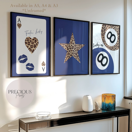 Set of 3 Navy blue Trendy Prints Cheetah Leopard Eclectic Wall Art