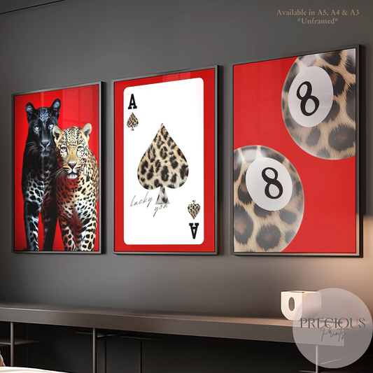 Set of 3 Red Trendy Preppy Prints Cheetah Leopard Eclectic Wall Art