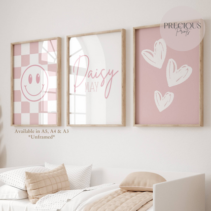 Set of 3 Girls Pink Personalised Bedroom Prints