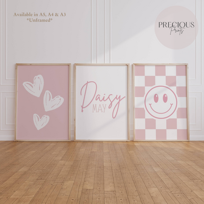 Set of 3 Girls Pink Personalised Bedroom Prints