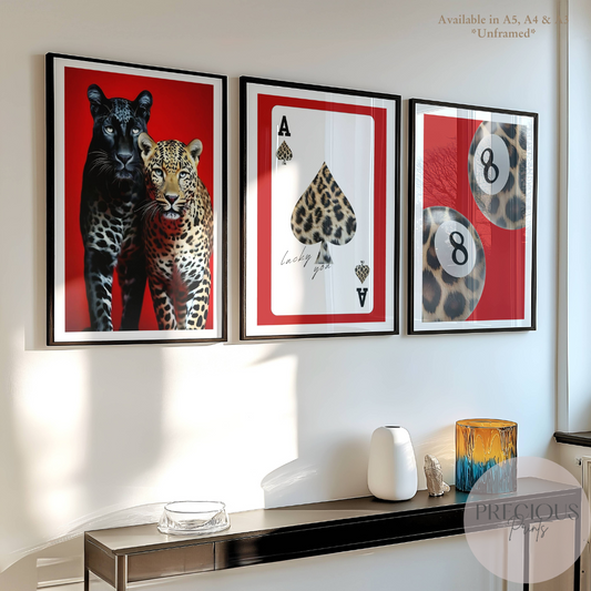 Set of 3 Red Trendy Preppy Prints Cheetah Leopard Eclectic Wall Art