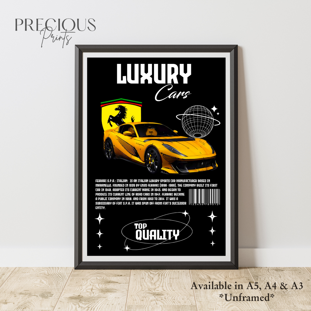 Yellow Ferrari S.P.A Italian Sports Car Poster