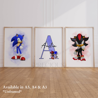 Set of 3 Childrens Personalised Sonic and Shadow Bedroom Print