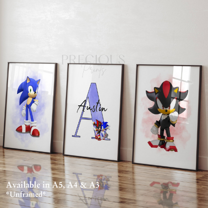 Set of 3 Childrens Personalised Sonic and Shadow Bedroom Print