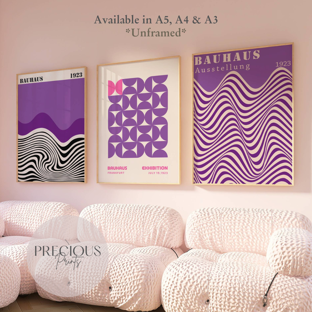Set of 3 Bauhaus Prints A5 A4 A3 Art Exhibition Purple Trendy Preppy Poster