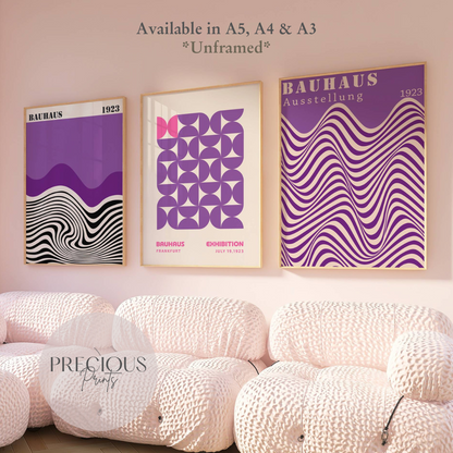 Set of 3 Bauhaus Prints A5 A4 A3 Art Exhibition Purple Trendy Preppy Poster