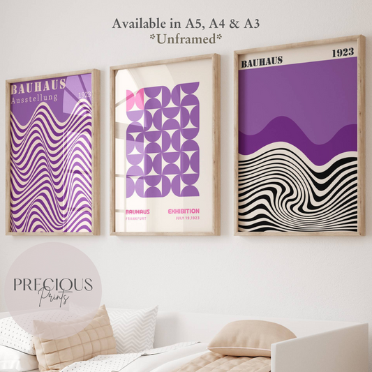 Set of 3 Bauhaus Prints A5 A4 A3 Art Exhibition Purple Trendy Preppy Poster