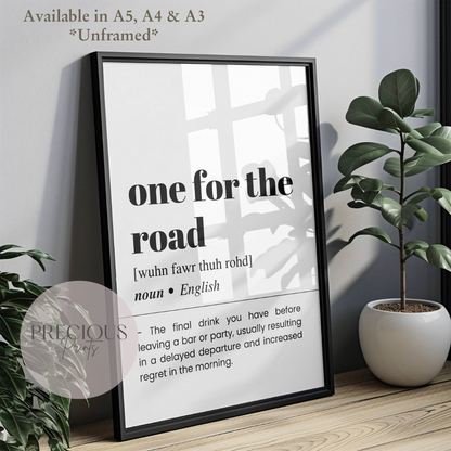 One For The Road Definition Funny Poster / Funny Kitchen pub poster / Funny Alcohol Poster