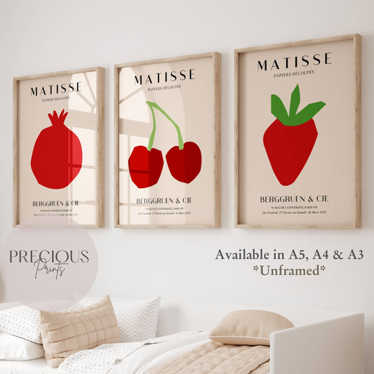 Set of 3 Red Matisse Fruit Prints A5 A4 A3 Art Exhibition Art Prints