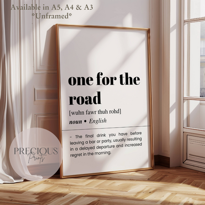 One For The Road Definition Funny Poster / Funny Kitchen pub poster / Funny Alcohol Poster