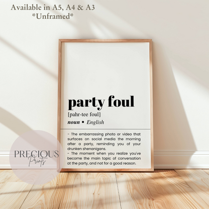 Party Foul Definition Funny Poster / Funny Kitchen pub poster / Funny Alcohol Poster
