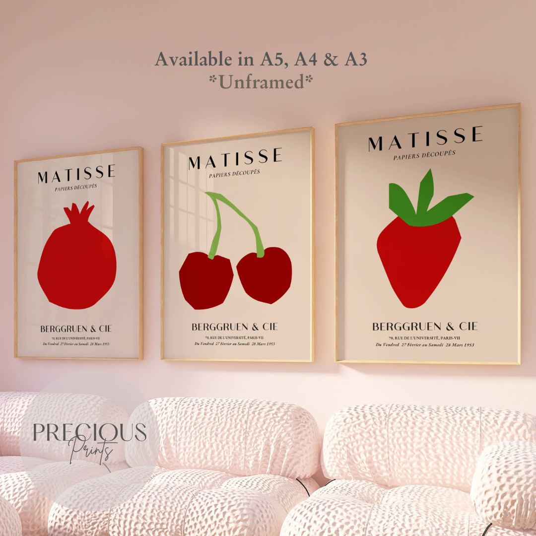 Set of 3 Red Matisse Fruit Prints A5 A4 A3 Art Exhibition Art Prints