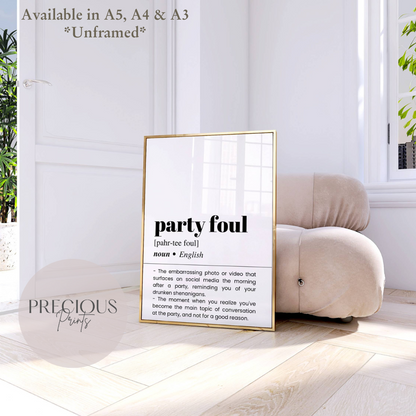 Party Foul Definition Funny Poster / Funny Kitchen pub poster / Funny Alcohol Poster