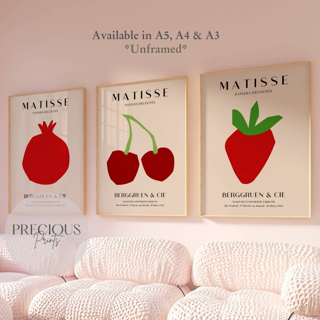 Set of 3 Red Matisse Fruit Prints A5 A4 A3 Art Exhibition Art Prints